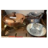 Wilton pewter pitcher, copper warmer,