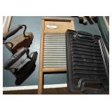 Washboard, 2 sad irons, cast iron griddle