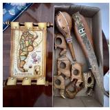 Carved wood animal napkin rings, gourd flasks,