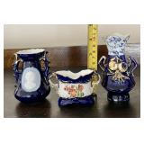 3 cobalt blue porcelain mini vases