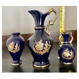3 Limoges porcelain cobalt blue and gold vases