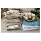 Blankets, pillows, guest bath basket