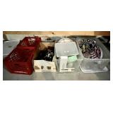 2 plastic totes, 2 milk crates, box of misc.