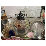 Flat of glass hurricanes, trifle dish, vases,