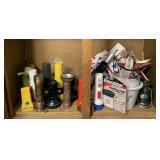 Contents of mudroom cabinet with flashlights,