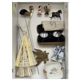 Flat w/antique hatpins, ceramics, spectacles