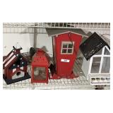 2 bird feeders, birdhouse, lantern