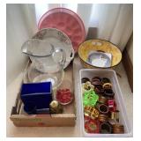 Housewares group with egg tray, glass pitcher,