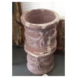 2 large clay planter pots with cherubs 16" tall