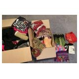 2 boxes of clothes, scarves, gloves, mittens
