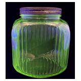 Green Depression uranium glass canister jar
