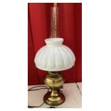 Electrified brass oil lamp with milk glass shade