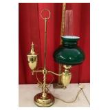 Brass student desk lamp with green glass shade