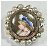 Antique Victorian mini porcelain portrait brooch