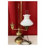 Brass student lamp with milk glass shade