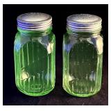 Pair of green Depression uranium glass shakers