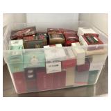 Tote of boxed Christmas ornaments