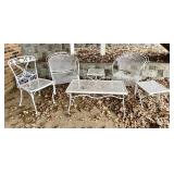 3 wrought iron patio chairs and 3 side tables