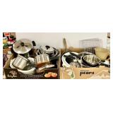 2 large boxes of pots & pans, strainers, etc.