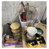 Baskets, citronella candles, hot plate,