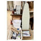 Ironing board, iron, laundry basket, trash can