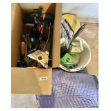 Box w/sprinklers, garden tools, packing blanket