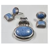 Sterling silver denim lapis pendant and earrings