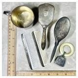 Sterling silver baby cup, brushes, combs, rattle