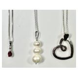 3 sterling silver necklaces --pearl, heart, ruby
