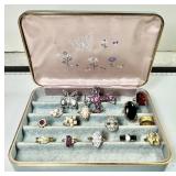15 costume jewelry rings & small jewelry box