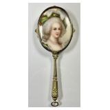 Victorian mini hand mirror w/painted portrait
