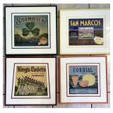 4 framed vintage fruit crate labels