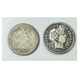 1891 Seated Liberty dime, 1903 Barber dime