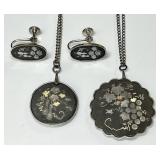 2 Damascene sterling necklaces & screw earrings