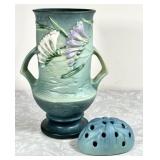 Van Briggle flower frog & Roseville vase