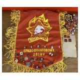 Russian military pins and Soviet Lenin banner