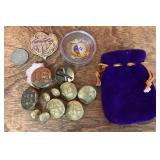 Military uniform buttons, pins, and coins