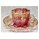 Moser cranberry  glass demitasse cup & saucer
