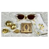 Vintage compact, Lucite pin/earrings, sunglasses