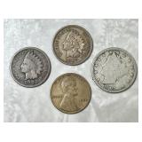 2 Indian head pennies, V nickel, wheat penny