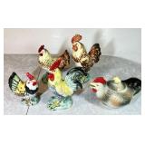 5 ceramic roosters --Lefton and unmarked