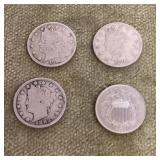 3 Liberty head V nickels & 1 shield nickel