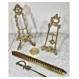 Brass easels, ruler, letter opener, trinket box