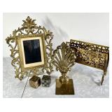 Antique brass frame, letter rack, bookend,