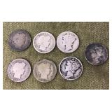 7 Barber and Mercury dimes