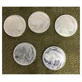 Five 1/10 oz .999 silver coins