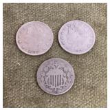 2 Liberty head V nickels and 1 shield nickel
