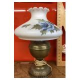 Electrified oil lamp w/hand painted glass shade