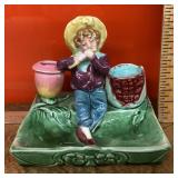 Majolica figural match holder and ashtray