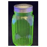 Green Depression uranium glass spice jar